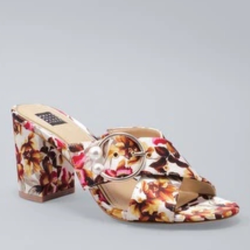 WHITE HOUSE BLACK MARKET l Floral Satin Cross Band Mules Faux Pearl Sandal 7